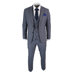 Paul Andrew Henry - Mens 3 Piece Tailored Fit Prince Of Wales Check Grey Blue Tweed Suit Vintage Retro-TruClothing