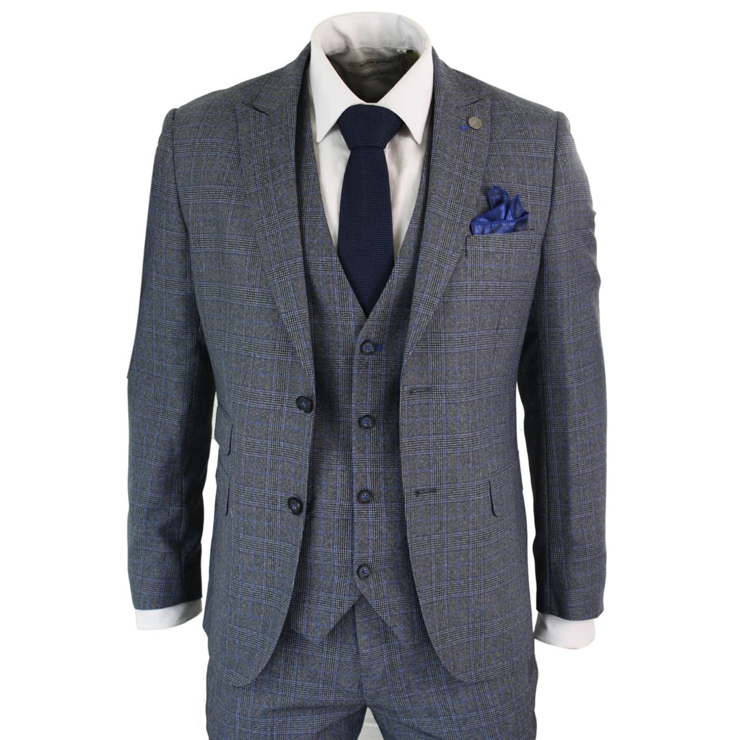 Paul Andrew Henry - Mens 3 Piece Tailored Fit Prince Of Wales Check Grey Blue Tweed Suit Vintage Retro-TruClothing