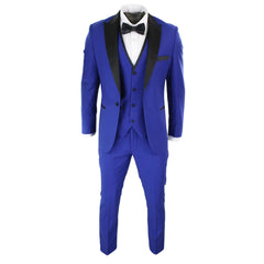 Paul Andrew Regent Blue - Mens 3 Piece Blue Black Satin Tuxedo Dinner Suit Tailored Fit Wedding Prom Groom-TruClothing