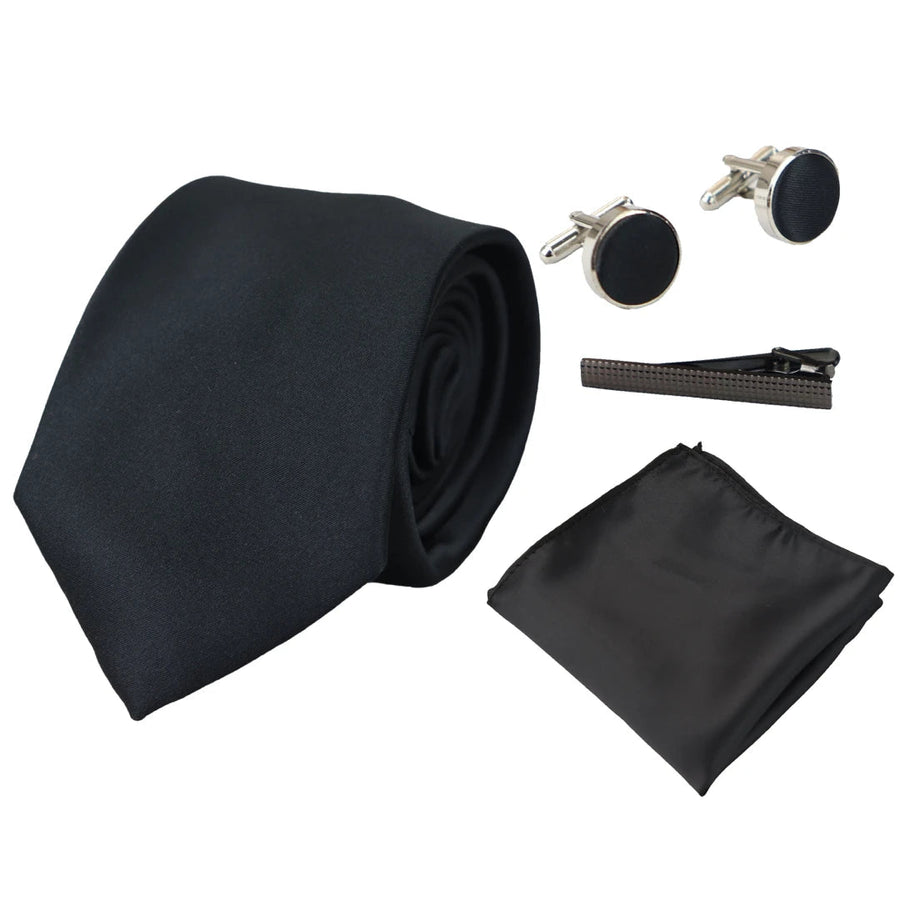 Satin Silk Tie Gift Set Pocket Square Cuff Links Tie Shiny Satin - Black - Paul Andrew - 1