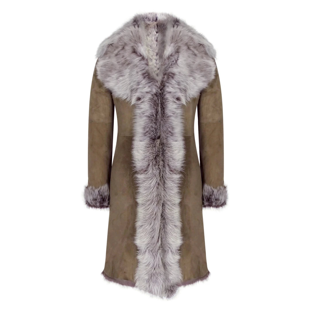 Taupe 3/4 Length Ladies Suede Real Toscana Sheepskin Coat Tailored Fit-TruClothing