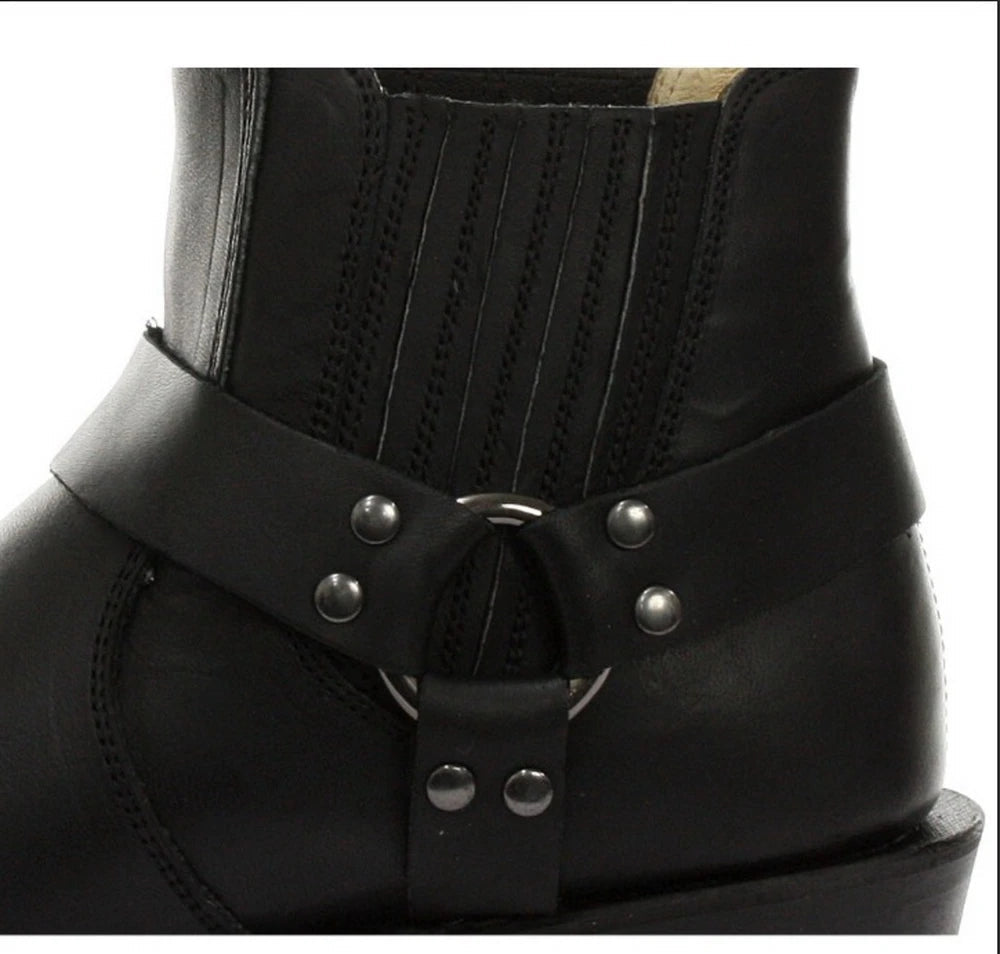 Unisex Real Leather Biker Ankle Boots Rock Punk Grinders Buckle Cowboy Riding-TruClothing