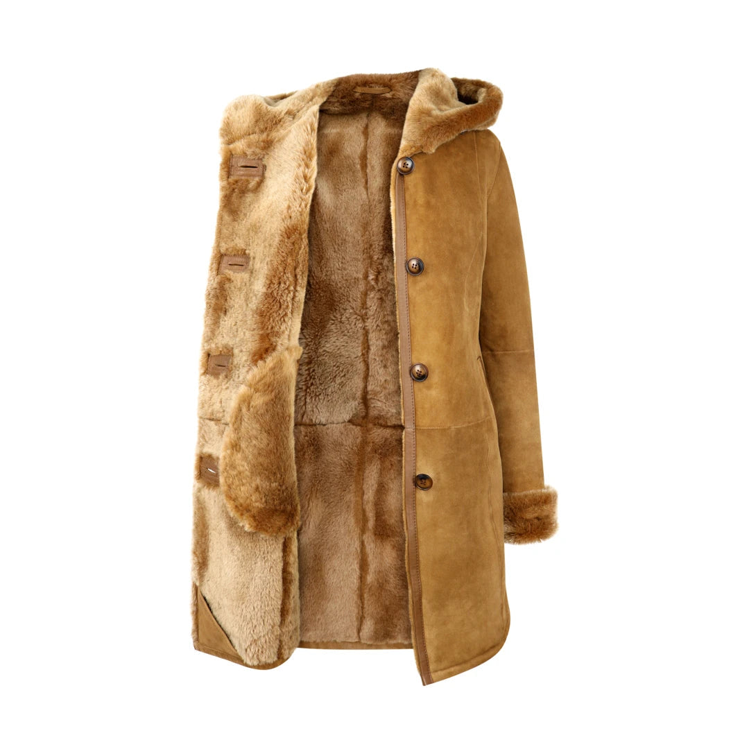 Women s Sheepskin Long Hooded Jacket With Fur Infinity TruClothing