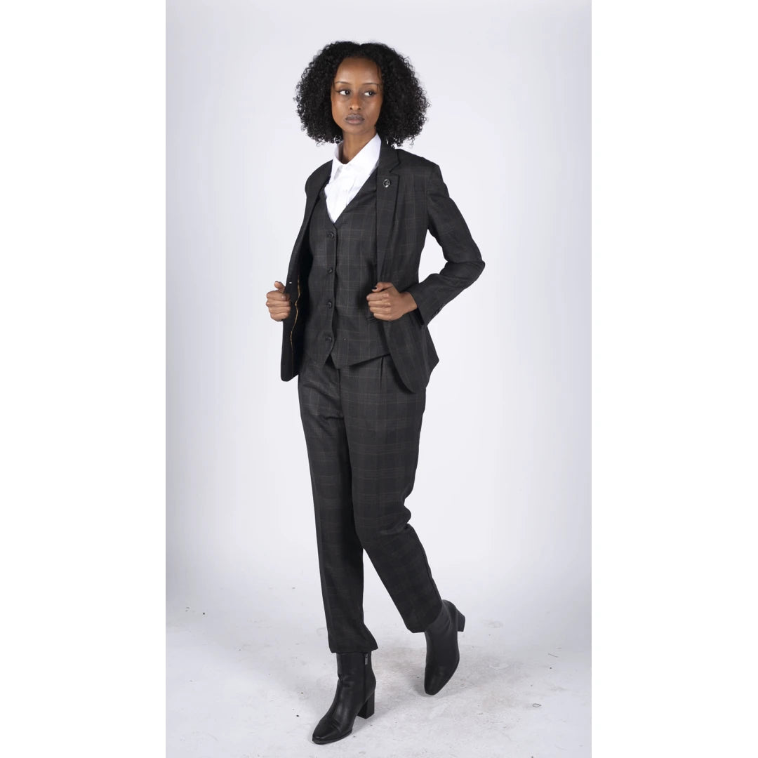 Womens 3 Piece Suit Dark Grey Check Vintage Formal Smart Office Work Slim Fit-TruClothing