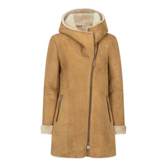 Womens 3/4 Mid Length Real Sheepskin Camel Cream Vintage Toscana Suede Hood Coat-TruClothing