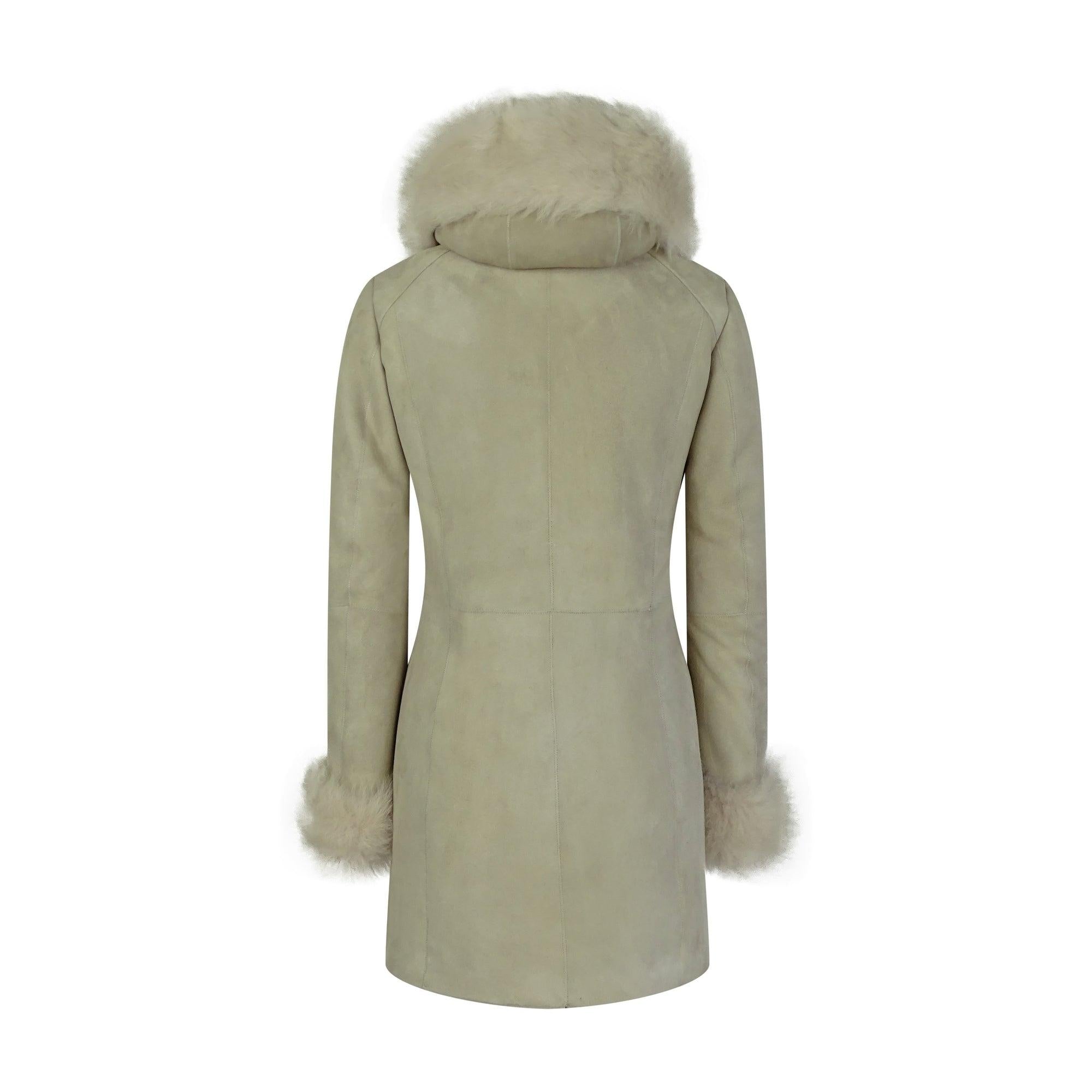 Women's Cream Long Toscana Sheepskin Coat with Hood-TruClothing