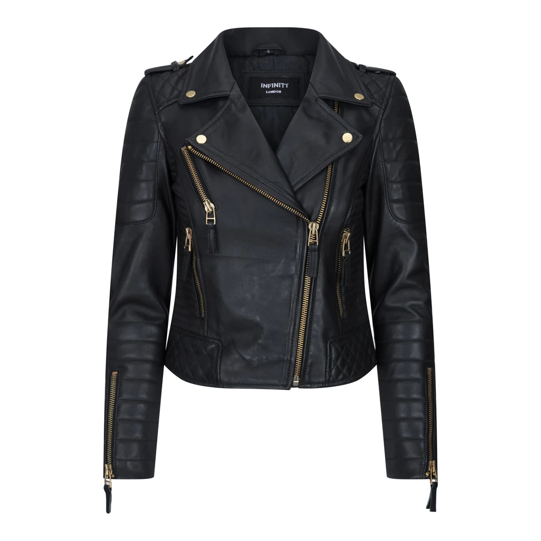 Womens Cross Zip Biker Leather Jacket Brando Matt Black Motorbike Slim Fit Vintage Retro-TruClothing