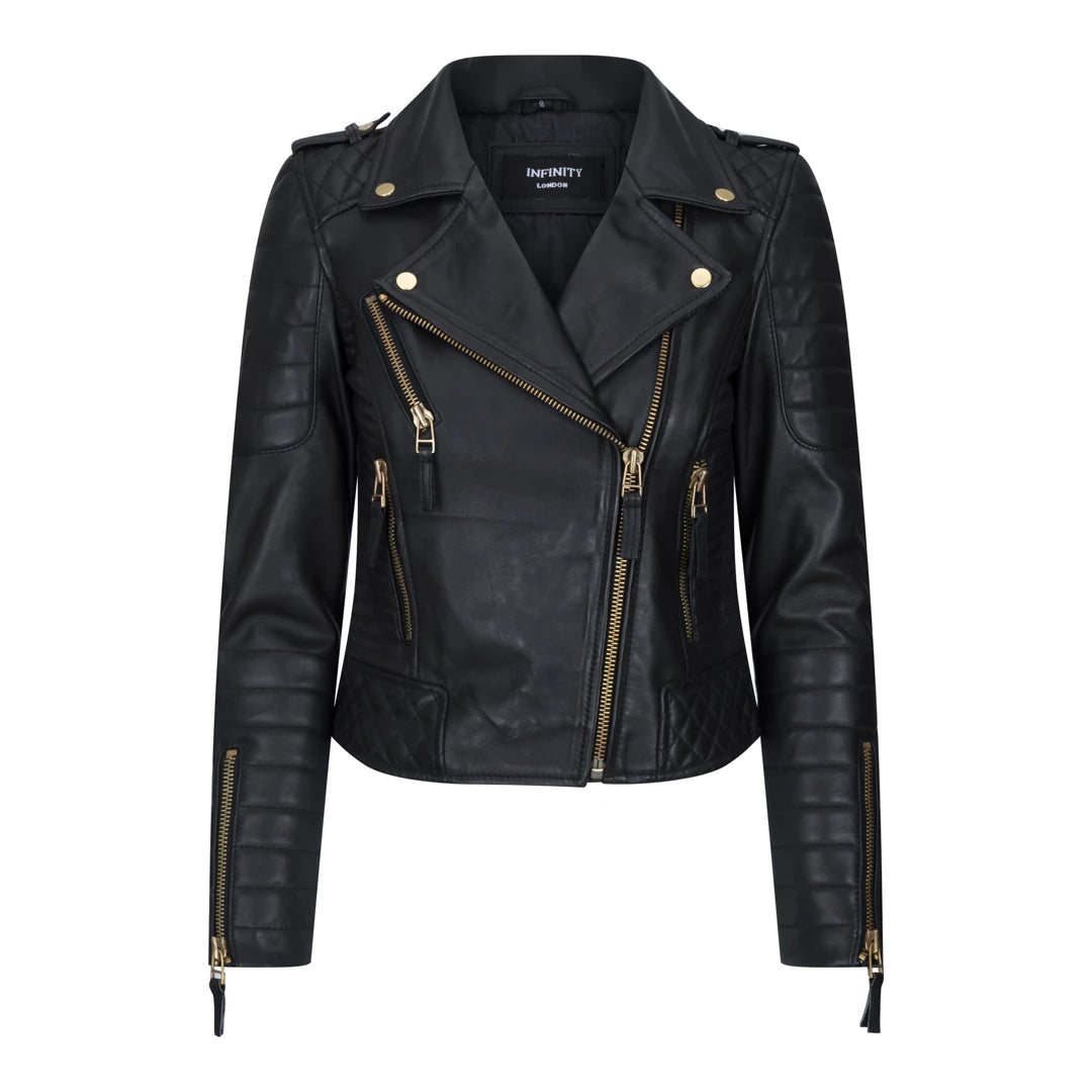 Black leather motorbike jacket clearance