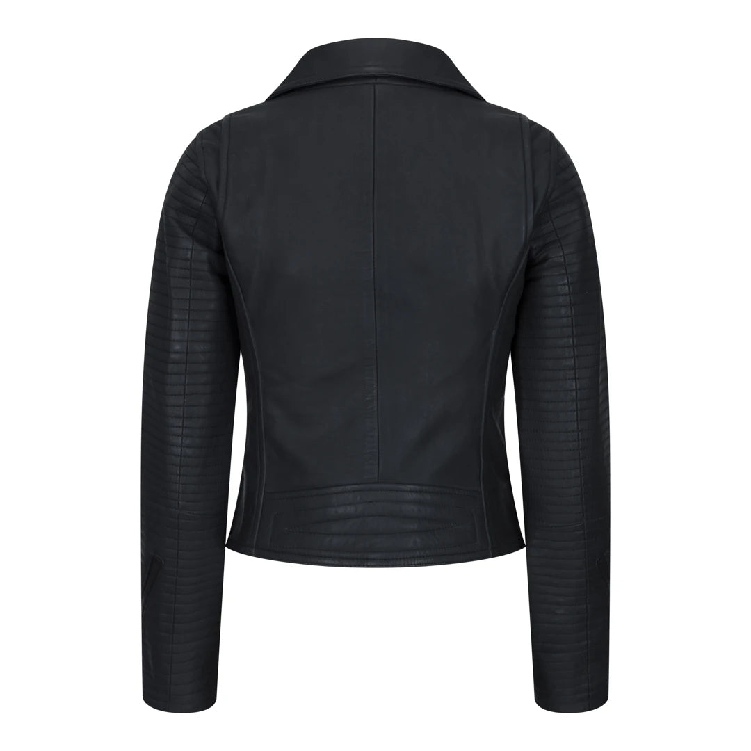 Womens Cross Zip Biker Leather Jacket Matt Black Stitch Design Slim Fit Vintage Retro-TruClothing