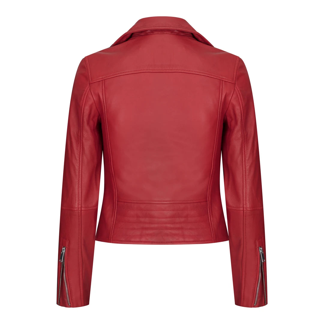 Womens Cross Zip Biker Real Leather Jacket Brando Red Black Retro Classic Motorcycle-TruClothing