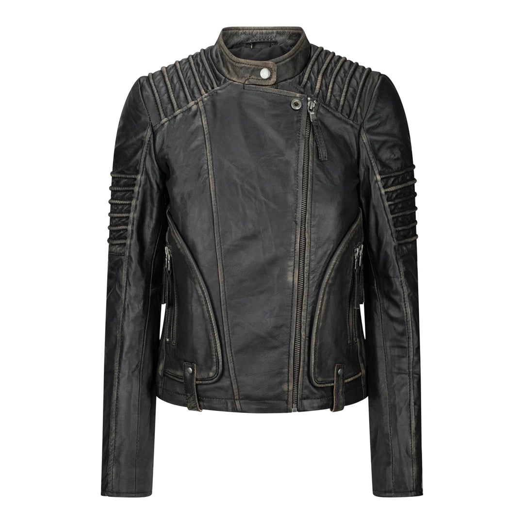 Womens Cross-Zip Rub-Off Black Leather Jacket-TruClothing