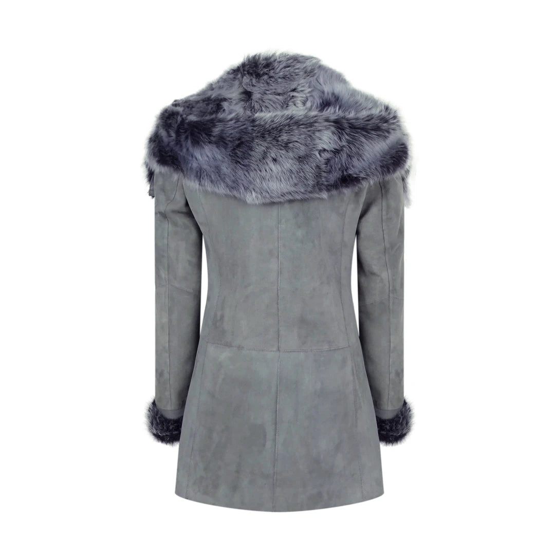 Women's Grey Long Sheepsking Coat with Hood-TruClothing