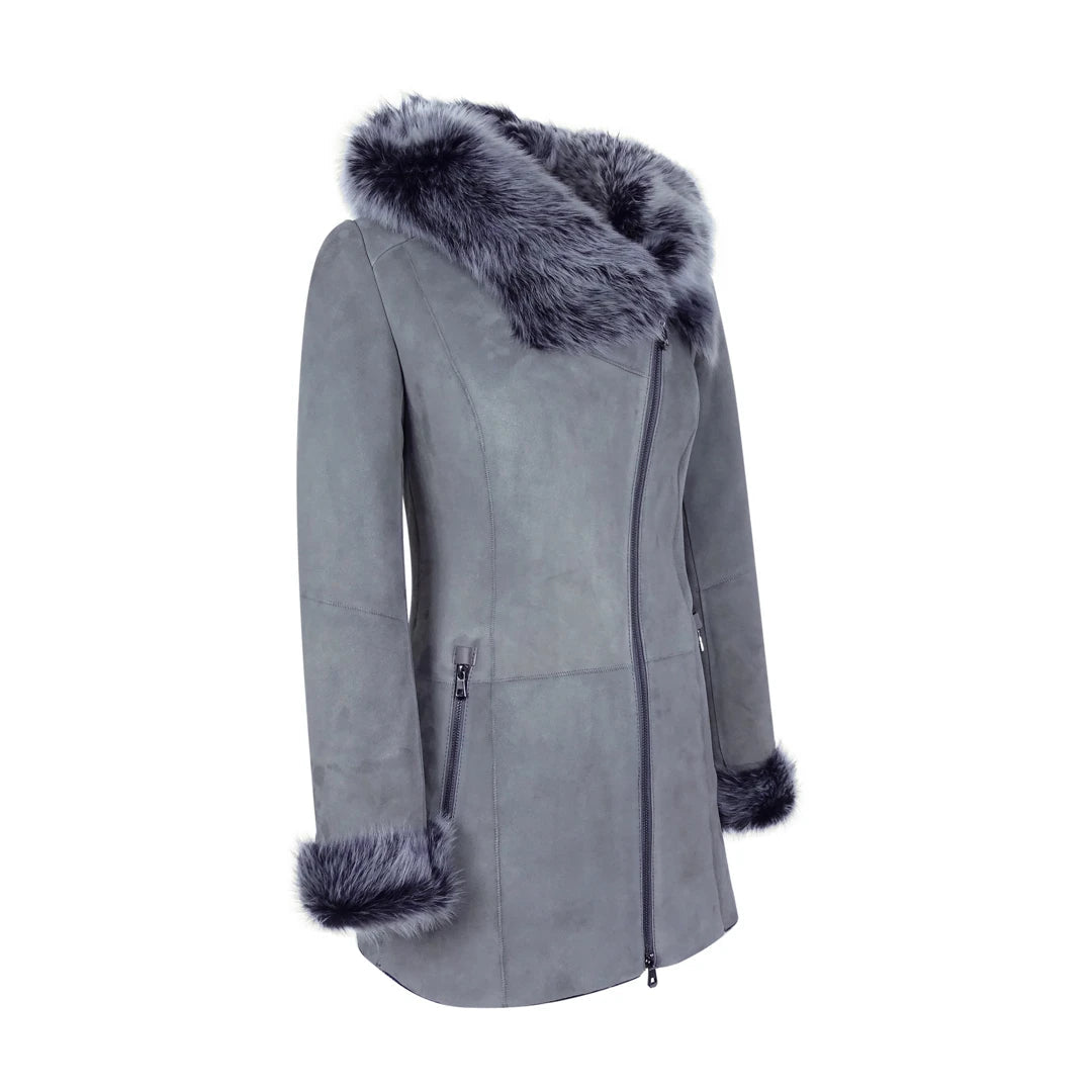 Women's Grey Long Sheepsking Coat with Hood-TruClothing