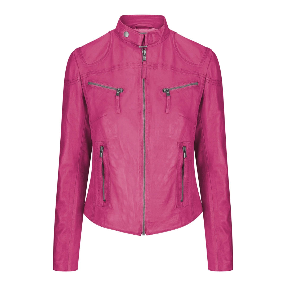Womens Leather Biker Jacket - Pink-TruClothing