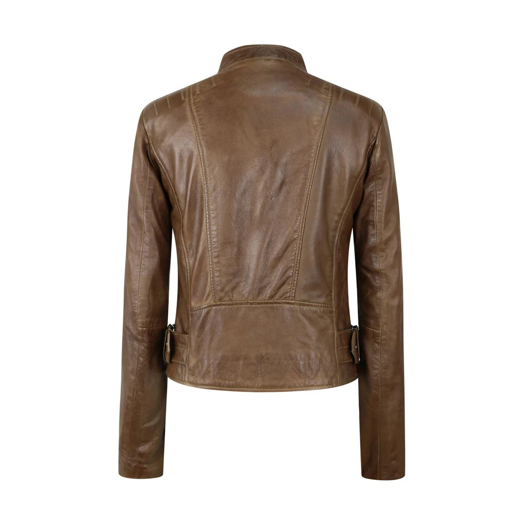 Womens Leather Jacket with Nehru Collar-TruClothing