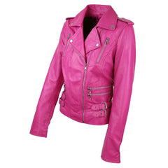 Womens Pink Leather Biker Jacket-TruClothing