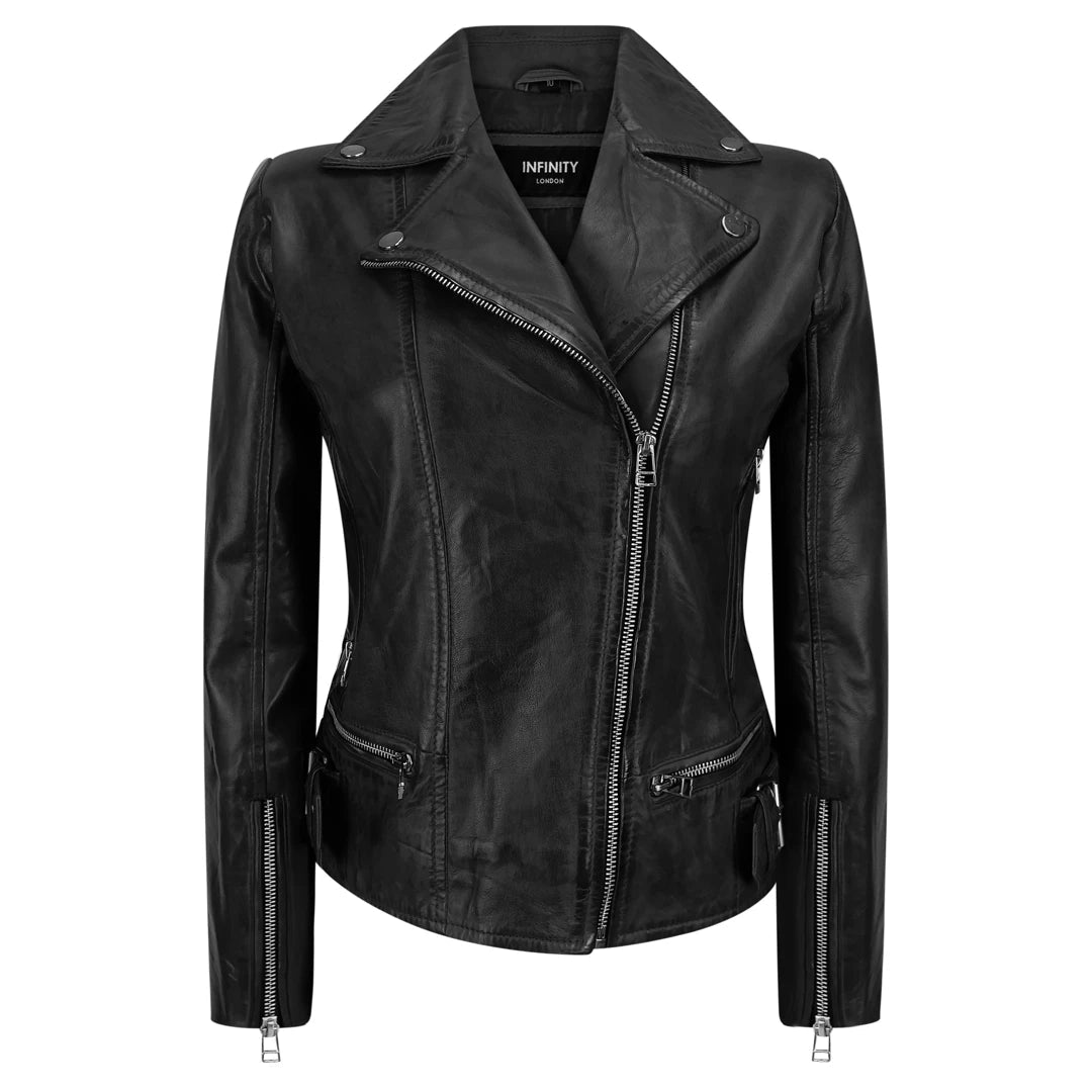 Women's Leather Black Biker Jacket | Infinity – TruClothing