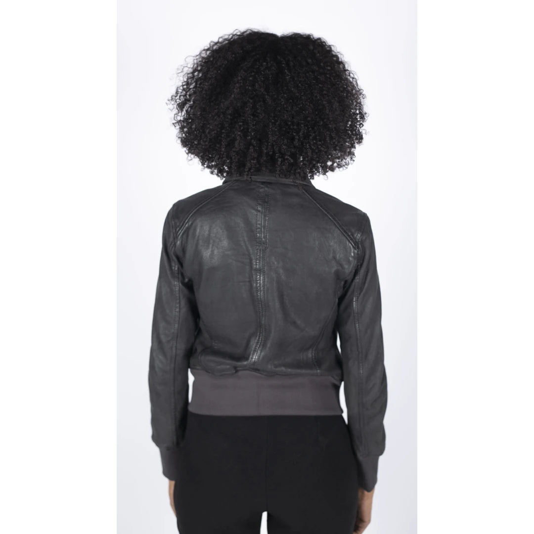 Womens Real Leather Bomber Jacket Short Zipped Retro Brown Tan Black Blue Grey-TruClothing