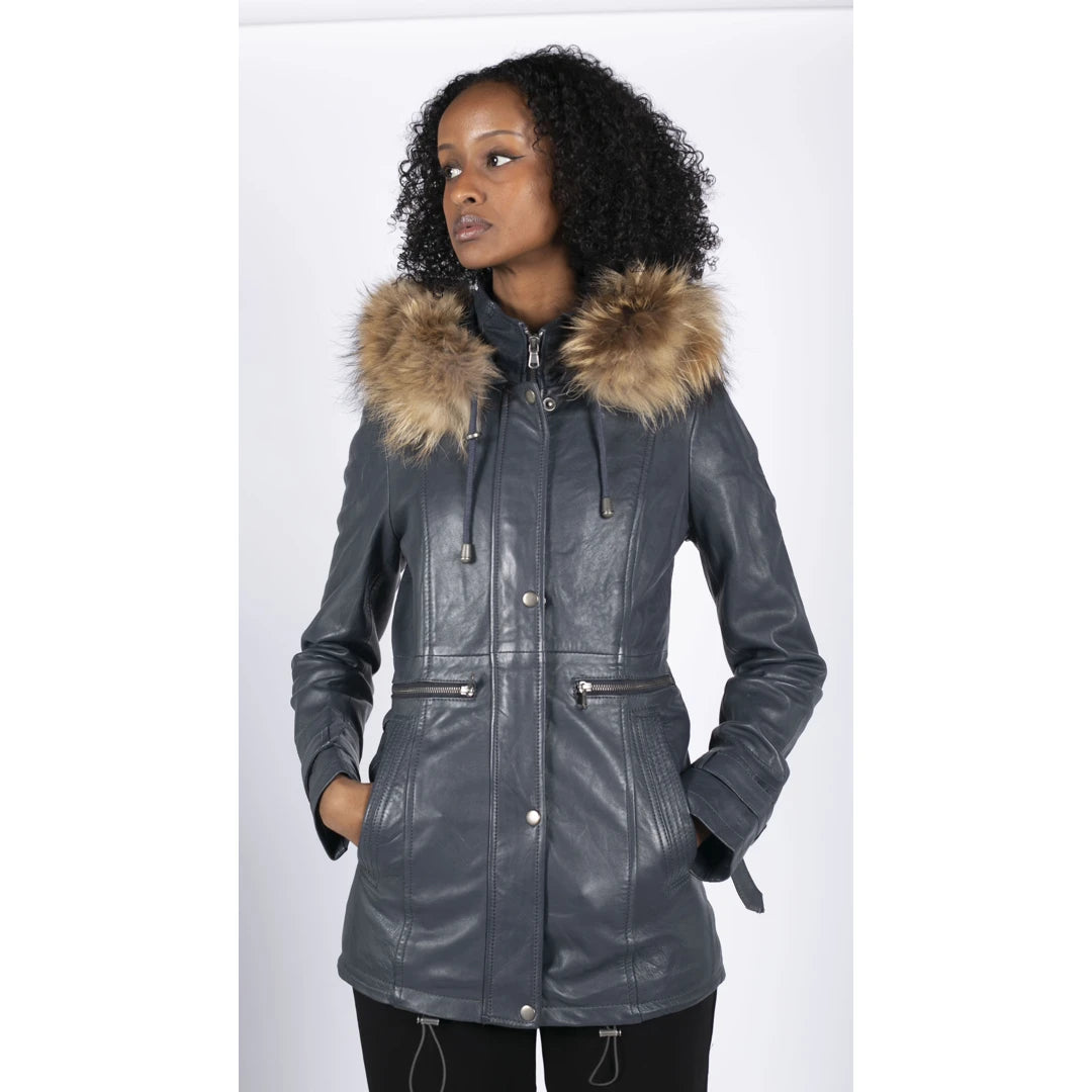 Womens Real Leather Parka Coat 3/4 Removable Hood Fur Button Cover Zipped-TruClothing