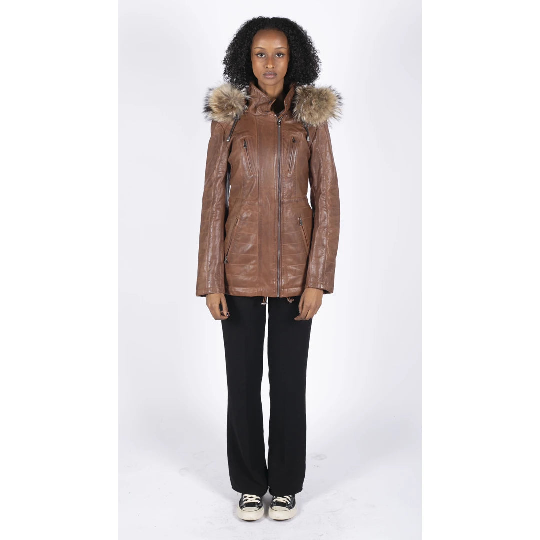 Womens Real Leather Parka Jacket 3/4 Fur Hood Zipped Brown Tan Grey Tailored Fit-TruClothing