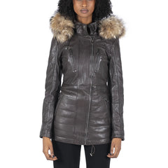 Womens Real Leather Parka Jacket 3/4 Fur Hood Zipped Brown Tan Grey Tailored Fit-TruClothing