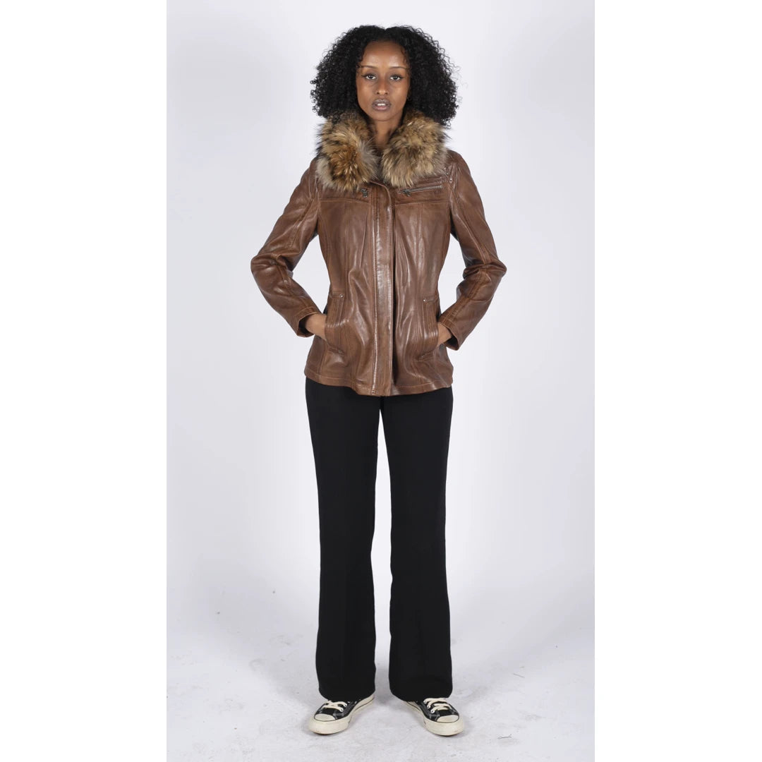 Women s Leather Short Black Brown Coat With Fur Hood TruClothing