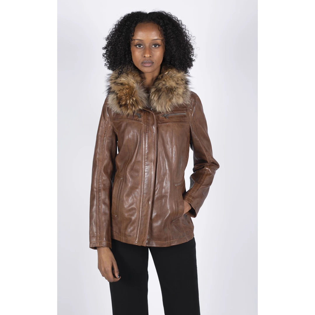 Womens Real Leather Short Parka Jacket Coat Fur Hood Zipped Brown Tan Black-TruClothing