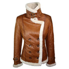 Womens Shearling Sheepskin Double Breasted Tan Brown Jacket-TruClothing