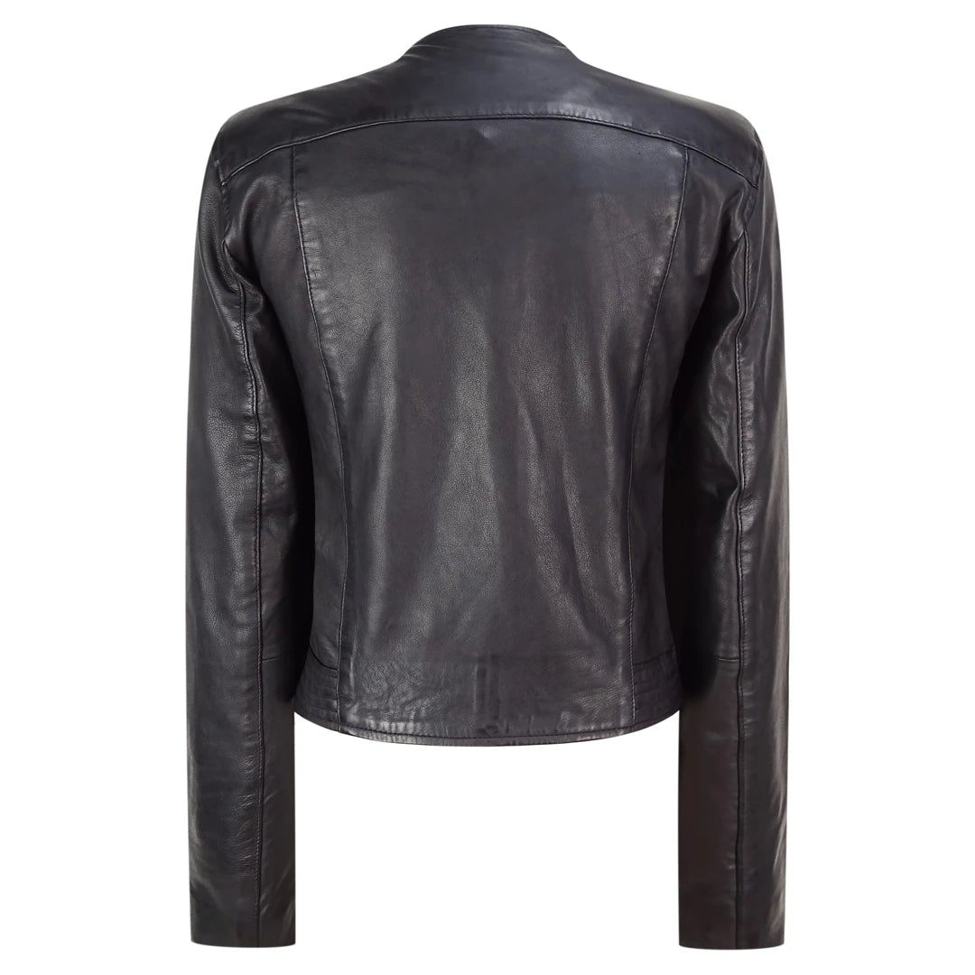 Womens Short Collarless Leather Jacket-TruClothing