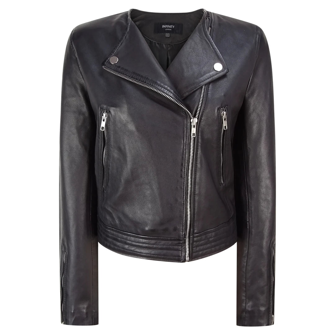 Womens Short Collarless Leather Jacket-TruClothing