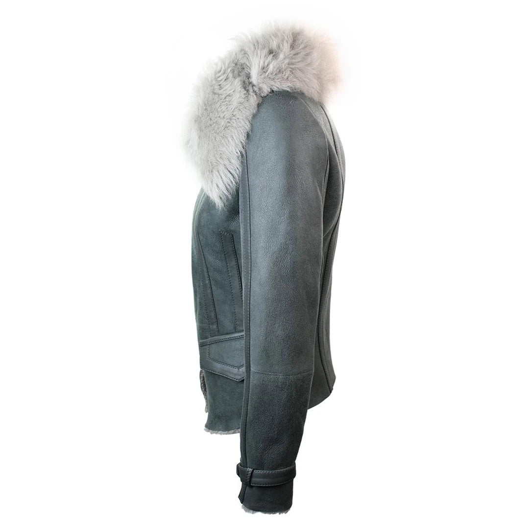 Womens Short Grey Shearling Sheepskin Jacket-TruClothing