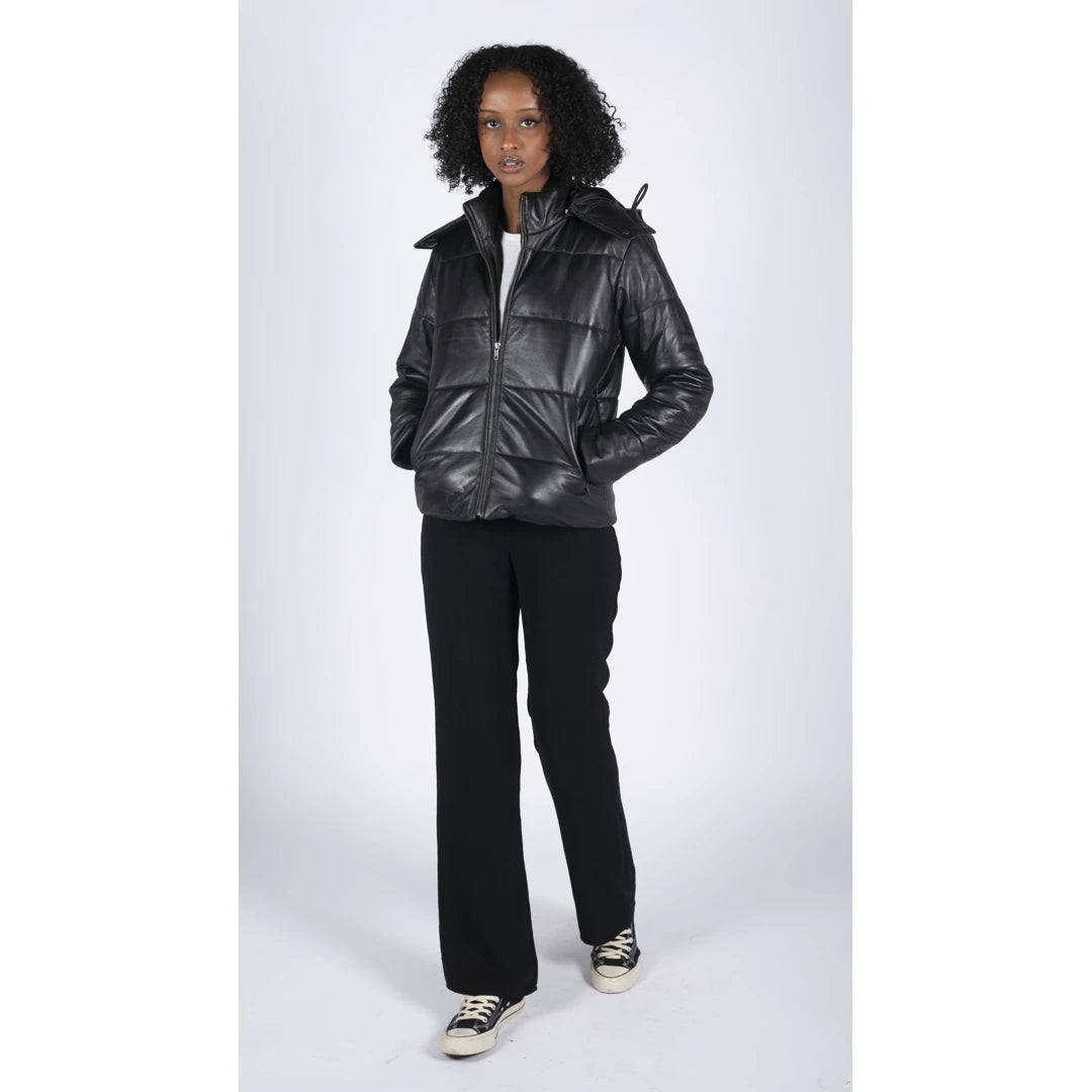 Womens Short Puffer Hood Jacket Real Leather Black Casual Retro 80s Classic-TruClothing