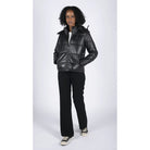 Womens Short Puffer Hood Jacket Real Leather Black Casual Retro 80s Classic-TruClothing