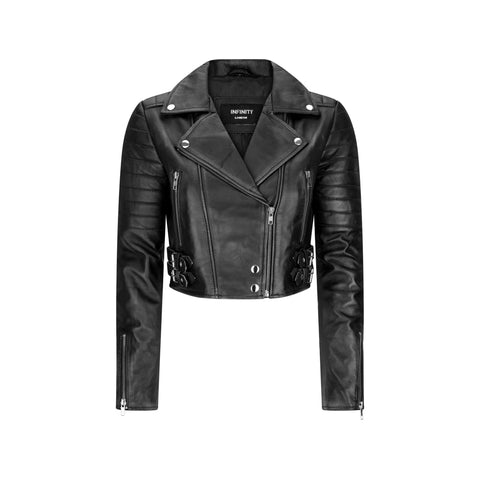 Short black leather jacket womens on sale