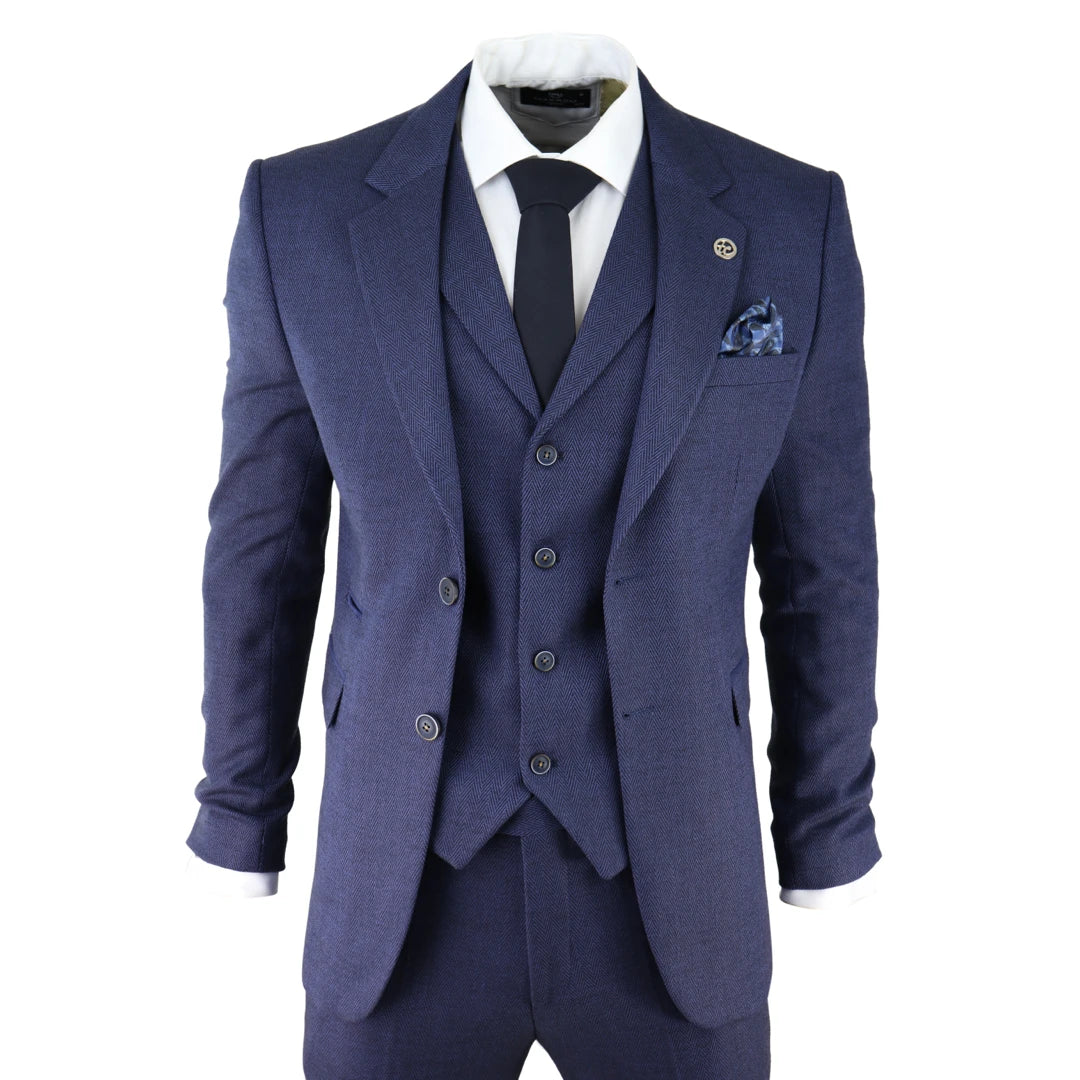 AK-04 - Costume bleu en tweed chevron 3 pièces pour homme, Wedding Blinders - TruClothing.com - 1