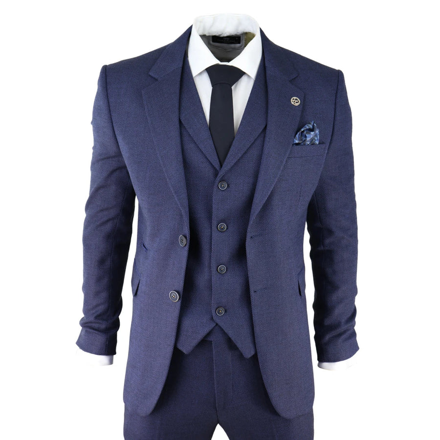 AK-04 - Herren Herringbone Tweed 3-teiliger blauer Anzug Hochzeitsblinder - TruClothing.com - 1