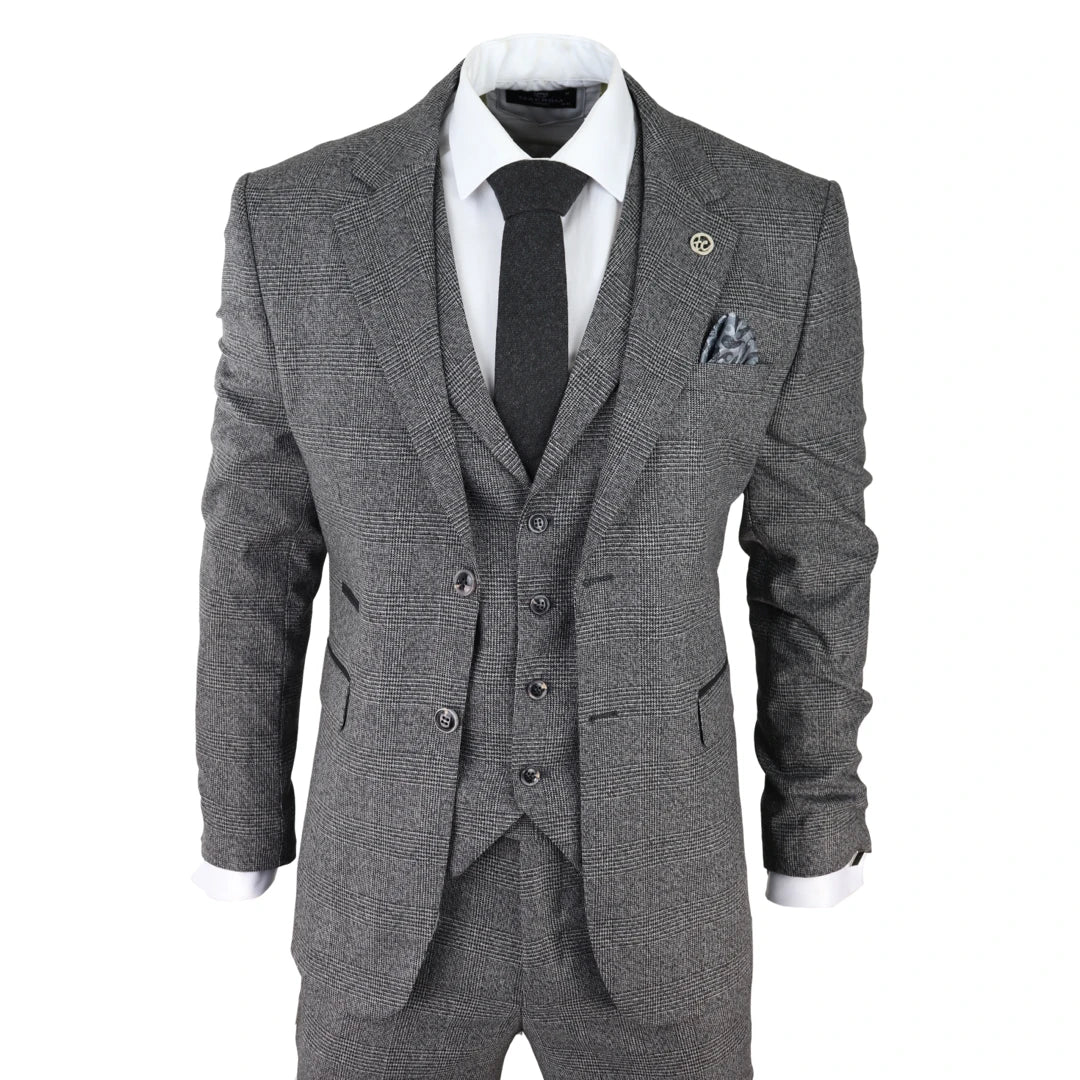 Herrenanzug 3 Teilig Grau Kariert Tailored Fit Vintage Retro Design Klassisch - TruClothing.com - 1