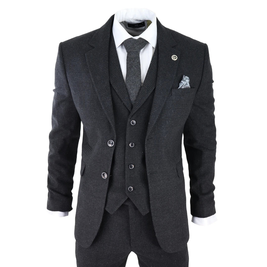 AK-11 - Men's Black Tweed 3 Piece Suit Check 1920s Gatsby Blinders - TruClothing.com - 1