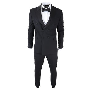 Traje de esmoquin negro cruzado con chaqueta y pantalón a rayas de saten para hombre - TruClothing.com - 3