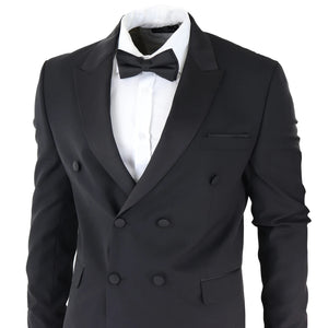 Traje de esmoquin negro cruzado con chaqueta y pantalón a rayas de saten para hombre - TruClothing.com - 4