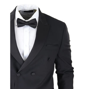 Traje de esmoquin negro cruzado con chaqueta y pantalón a rayas de saten para hombre - TruClothing.com - 5