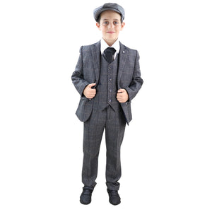 Albert - Boys 3 Piece Suit Grey Tweed Check Blinders Kids Classic 1920s - House of Cavani - 2