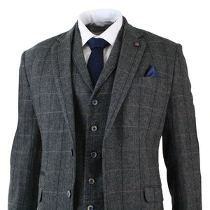 Albert - Men's 3 Piece Classic Tweed Herringbone Check Grey Navy Suit - House of Cavani - 3