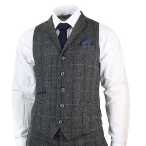 Albert - Men's 3 Piece Classic Tweed Herringbone Check Grey Navy Suit - House of Cavani - 4