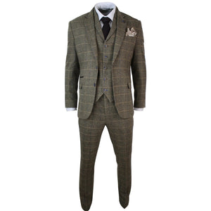 Albert - Completo classico da uomo in tweed a spina di pesce a quadri, color marrone tan, composto da 3 pezzi - House of Cavani - 2