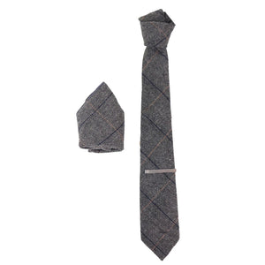 Albert - Men's Tie & Hanky Classic Tweed Herringbone Check - Grey - House of Cavani - 1