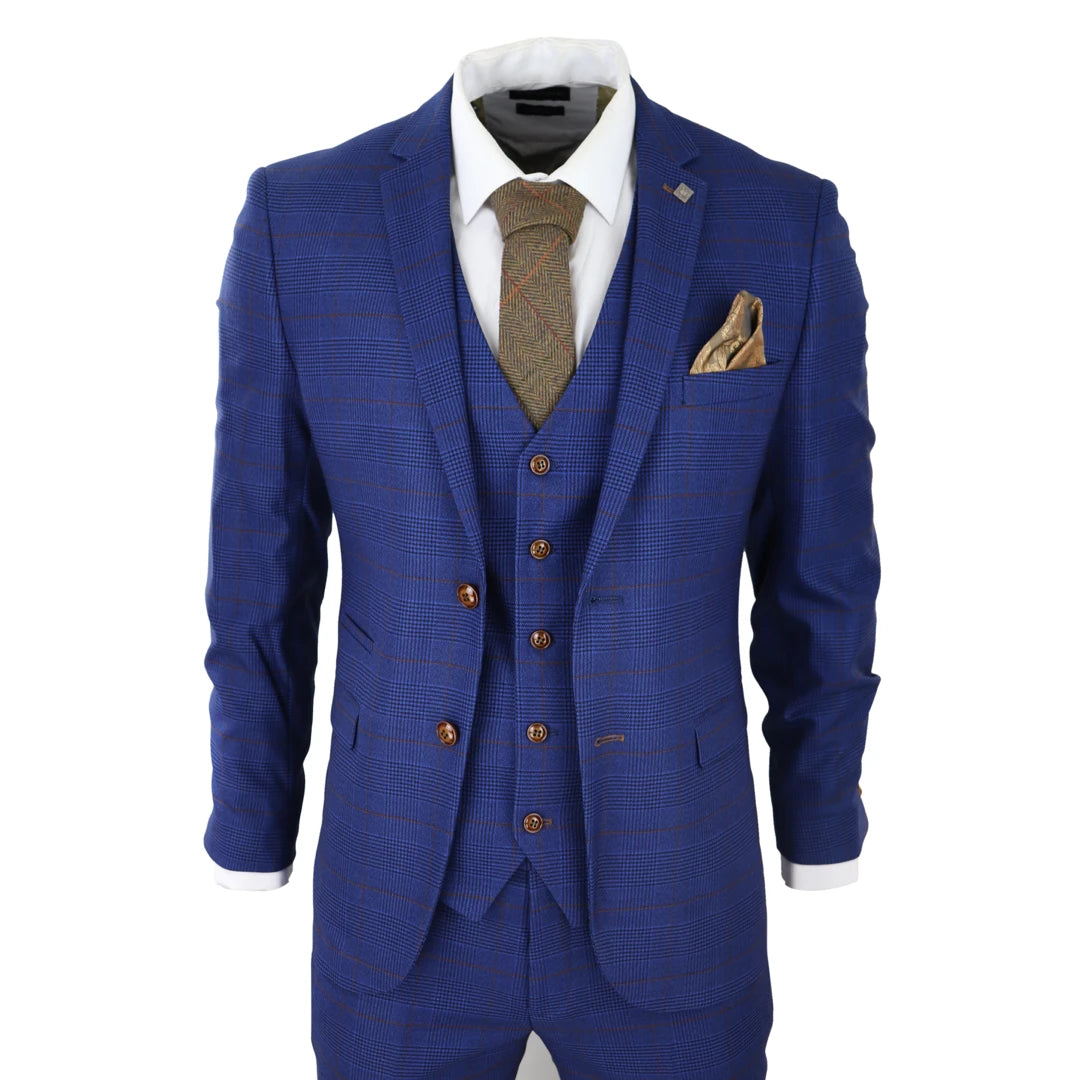 Alex - Men's Blue Brown Check 3 Piece Suit Wedding Prom Races Prince Of Wales - Paul Andrew - 1