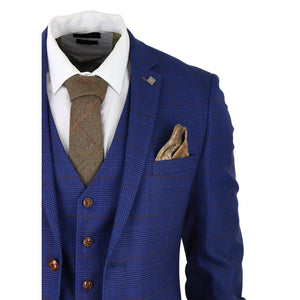 Alex - Men's Blue Brown Check 3 Piece Suit Wedding Prom Races Prince Of Wales - Paul Andrew - 6