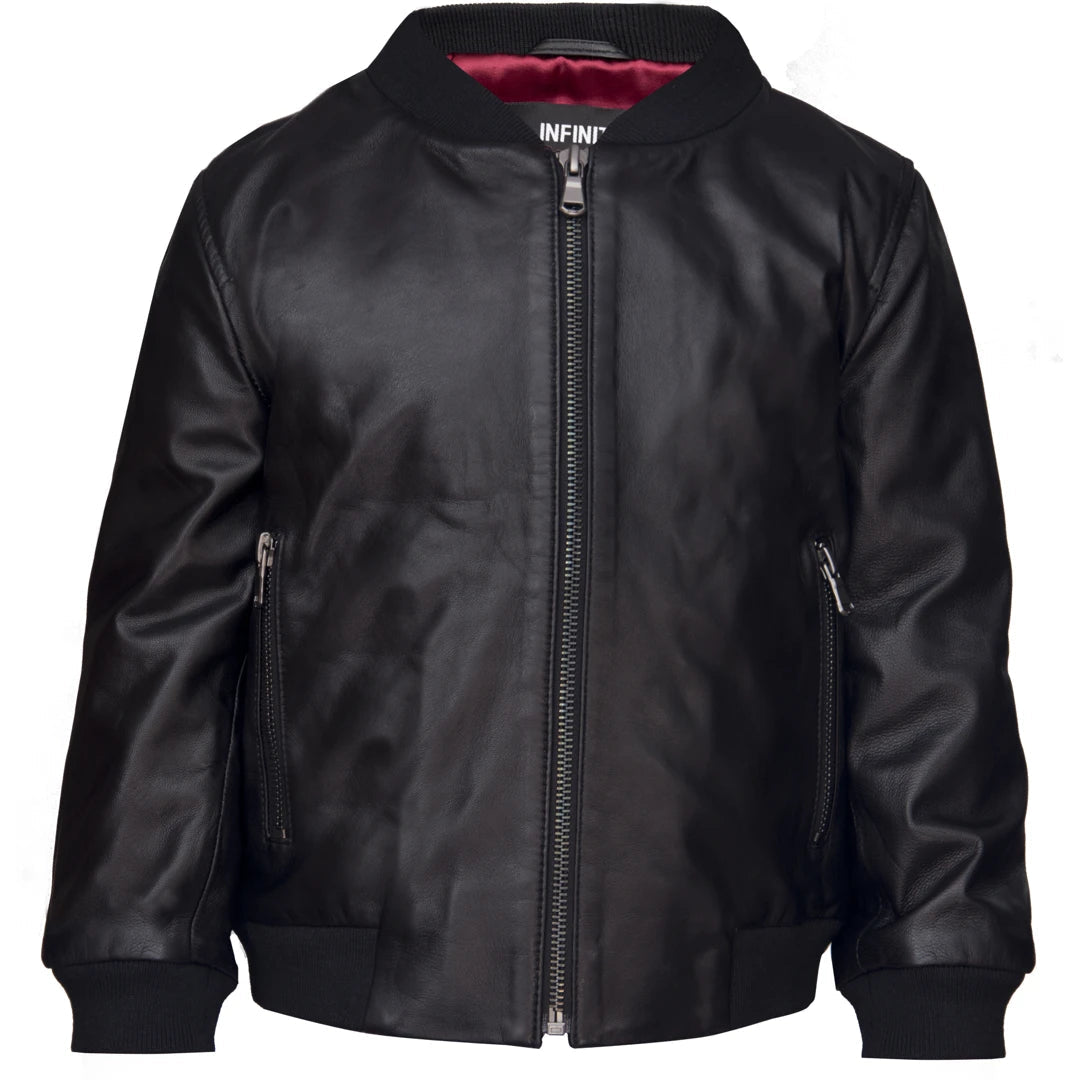 Boys GIrls Kids Unisex Real leather Bomber Style Jacket Varsity Zip Black Blue - Infinity Leather - 1
