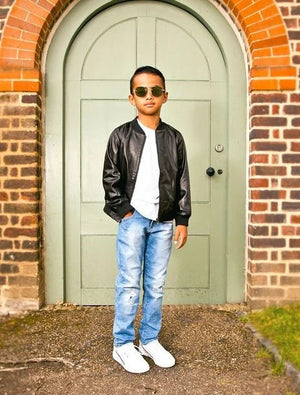 Boys GIrls Kids Unisex Real leather Bomber Style Jacket Varsity Zip Black Blue - Infinity Leather - 6